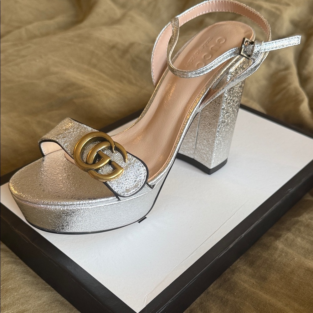 Gucci Marmont Silver Platform Sandals